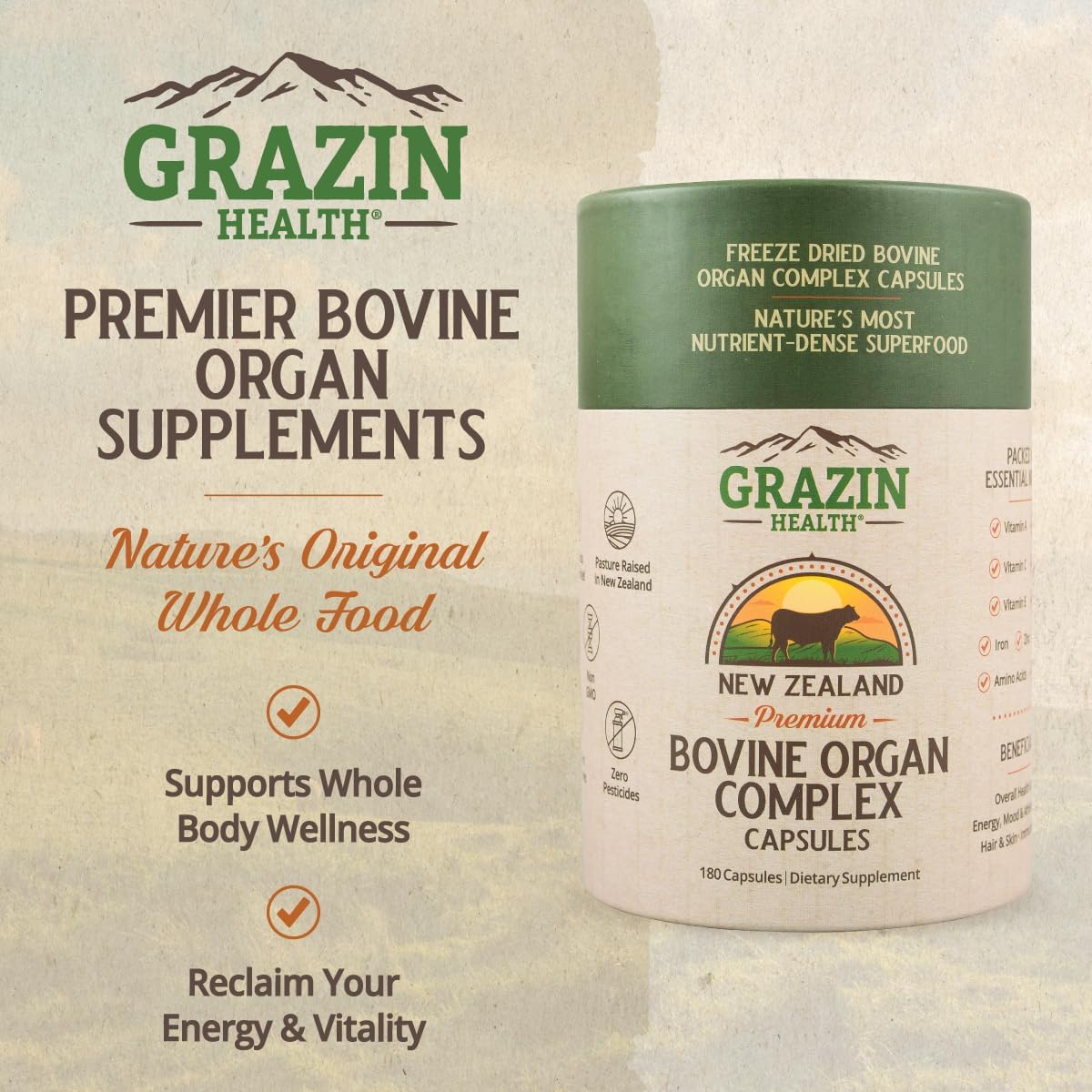GRAZIN HEALTH - Complejo de Órganos Bovinos Grass Fed: Hígado, Bazo, Riñón, Corazón, Páncreas (600 mg por órgano por cápsula, 3000 mg por dosis, 30 dosis)