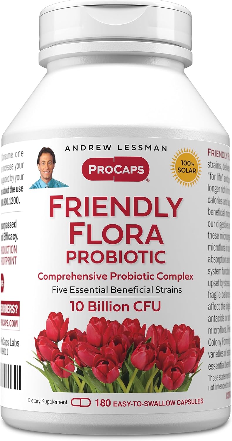 ANDREW LESSMAN Friendly Flora Probiotic 180 Cápsulas – 10 Mil Millones UFC, Mezcla de 5 Cepas Probióticas, Apoyo Digestivo e Inmune
