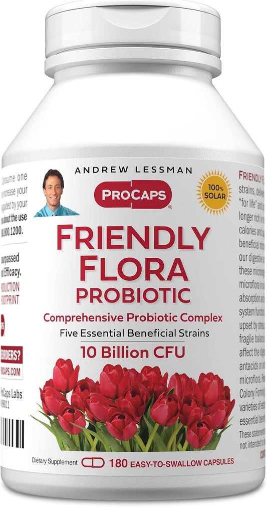 ANDREW LESSMAN Friendly Flora Probiotic 180 Cápsulas – 10 Billion CFU, 5-Strain Probiotic Blend, Digestive and Immune Support
