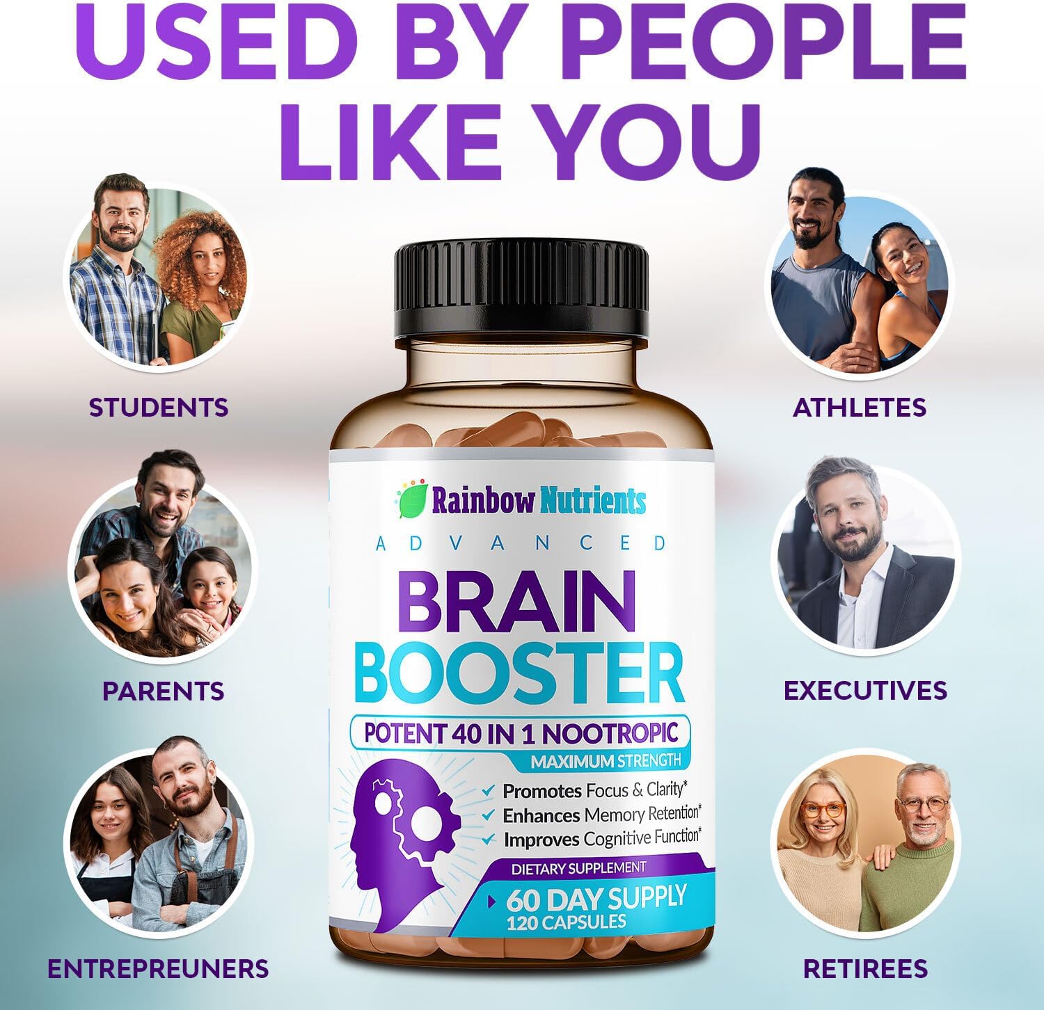 40-en-1 Brain Booster – Complemento Nootrópico para Memoria y Enfoque, 120 Cápsulas