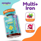 Squiggles Multivitamínico Infantil + Hierro Gomitas - Bajo en Azúcar - 100 Gomitas