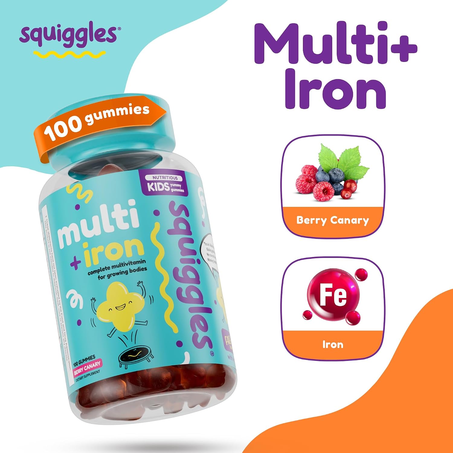 Squiggles Multivitamínico Infantil + Hierro Gomitas - Bajo en Azúcar - 100 Gomitas