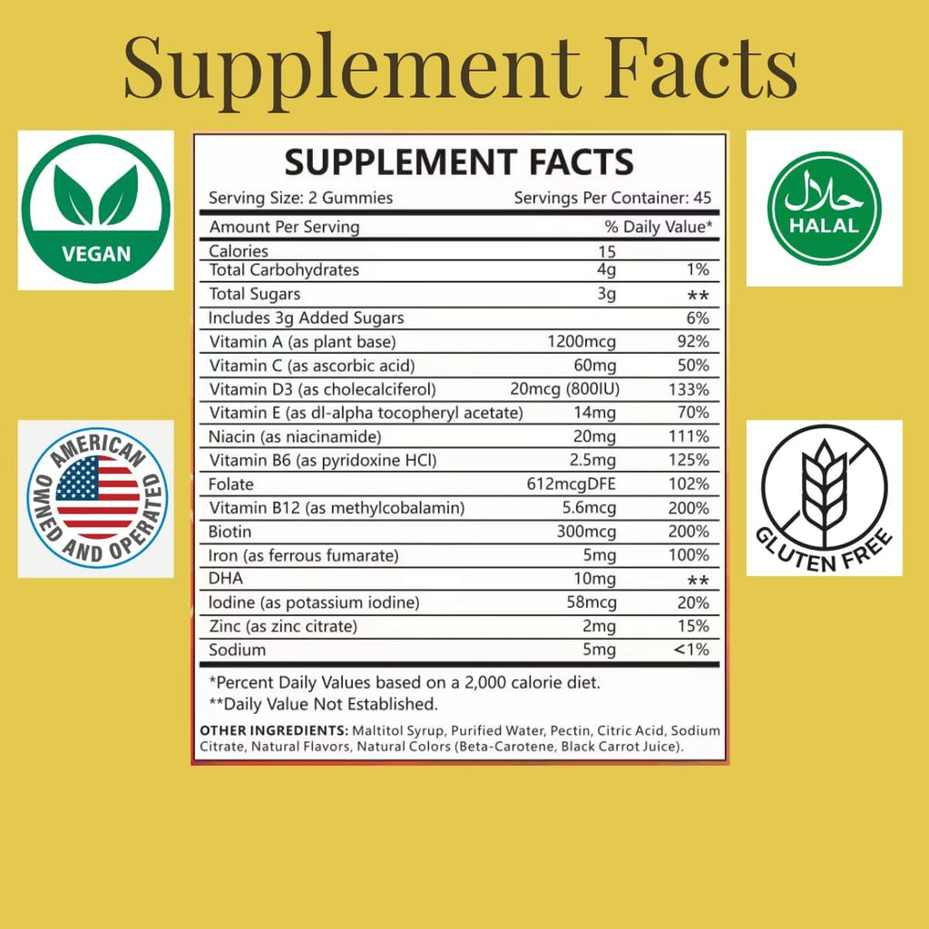MonesAli Prenatal Gummies - Multivitamínico Prenatal y Postnatal Vegano con Folato, DHA, Hierro y Biotina - 90 Gominolas