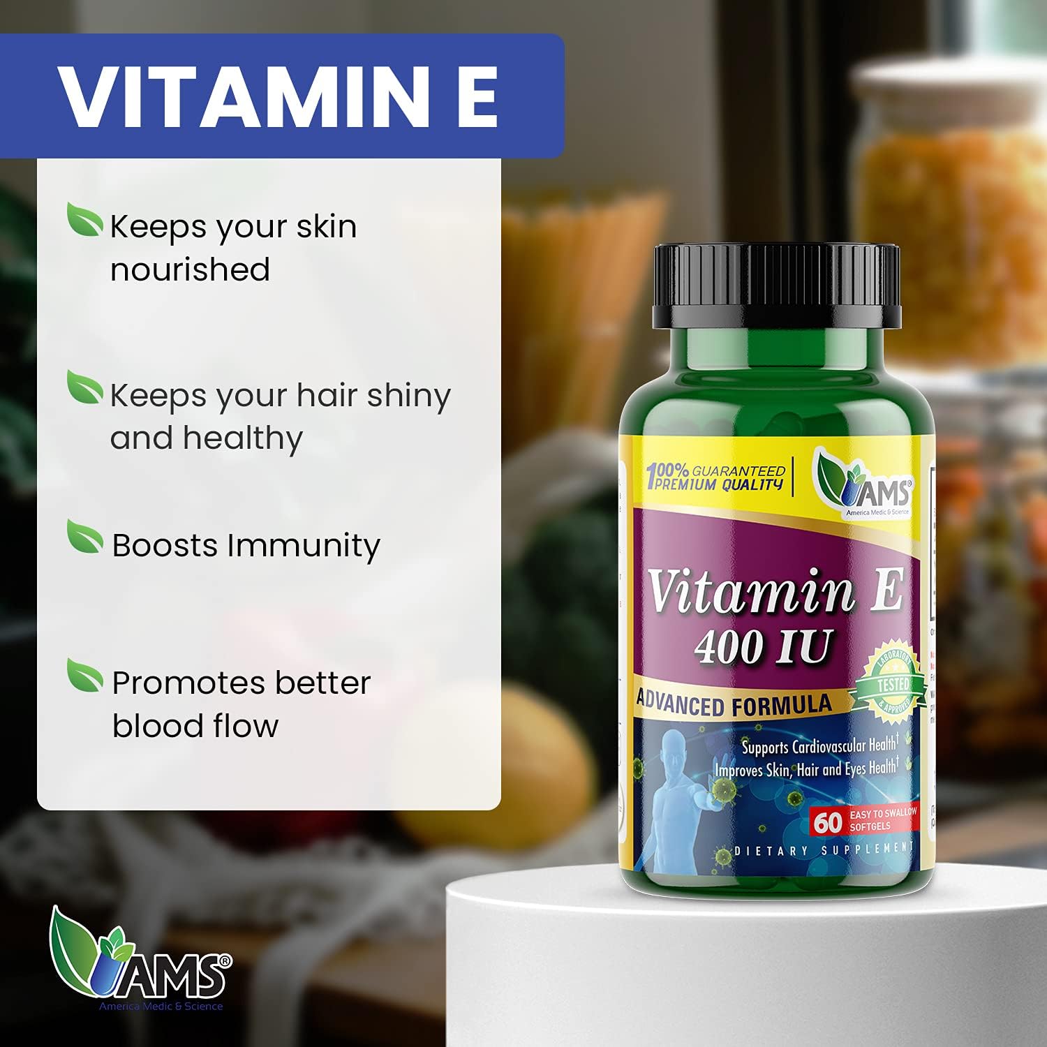 America Medic & Science Vitamina E 400 UI, 60 Cápsulas Blandas