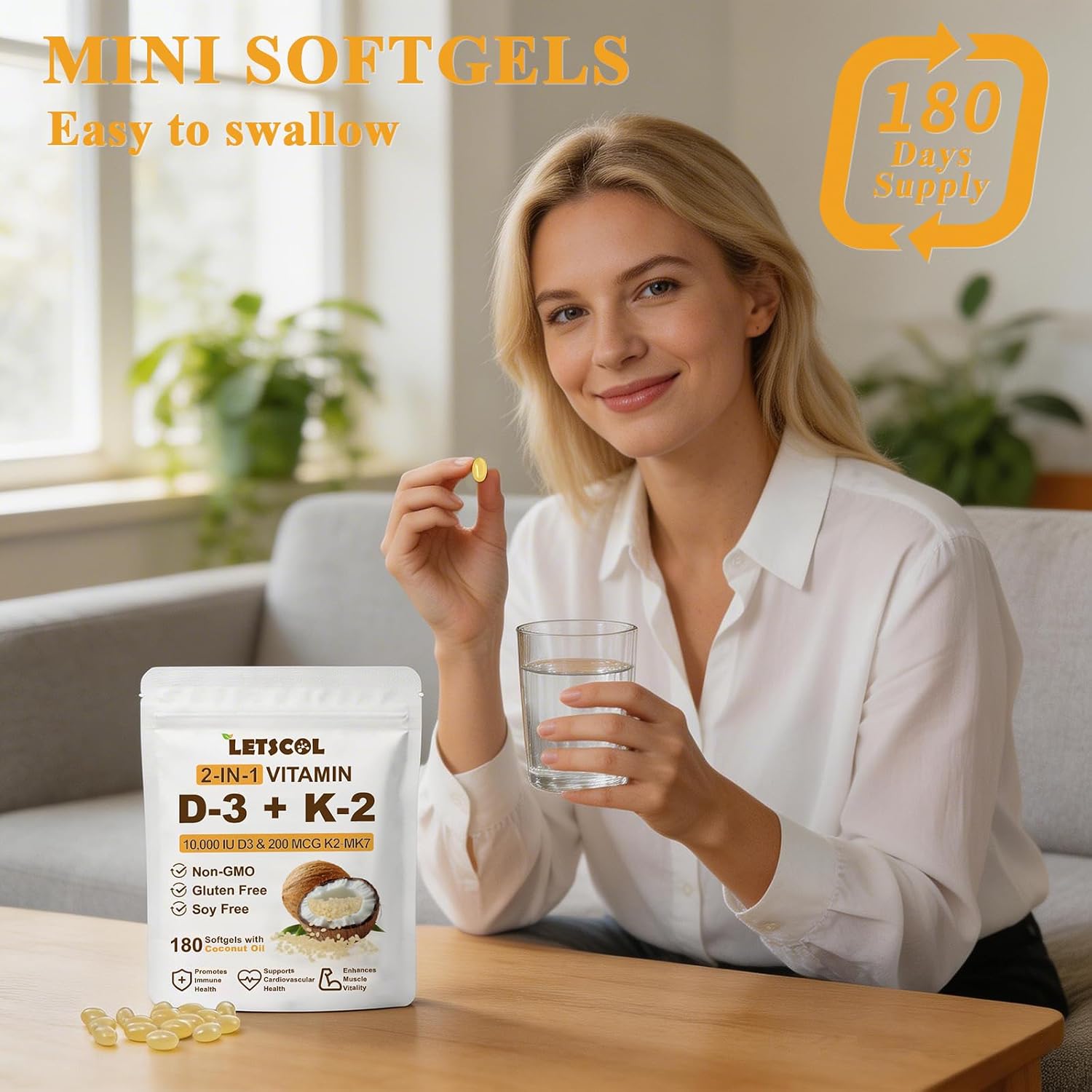 LETSCOL 2-en-1 Vitamina D3 K2 Softgel, 10000 UI de Vitamina D3 y 200 mcg de Vitamina K2 MK-7