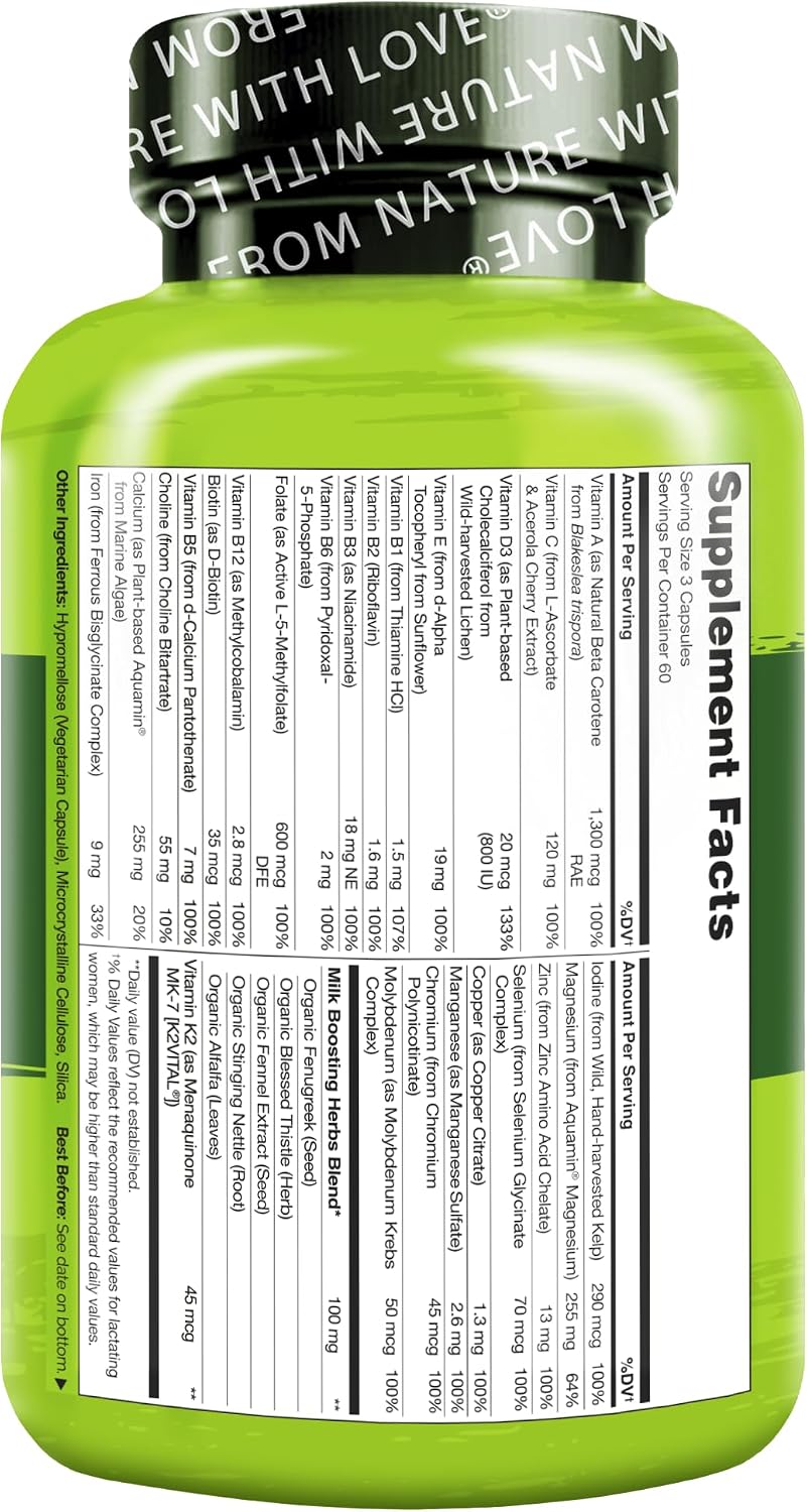NATURELO Postnatal Multivitamin - Suplemento para Madres Lactantes - Vitaminas Vegetales, Folato, Hierro Suave - 180 Cápsulas