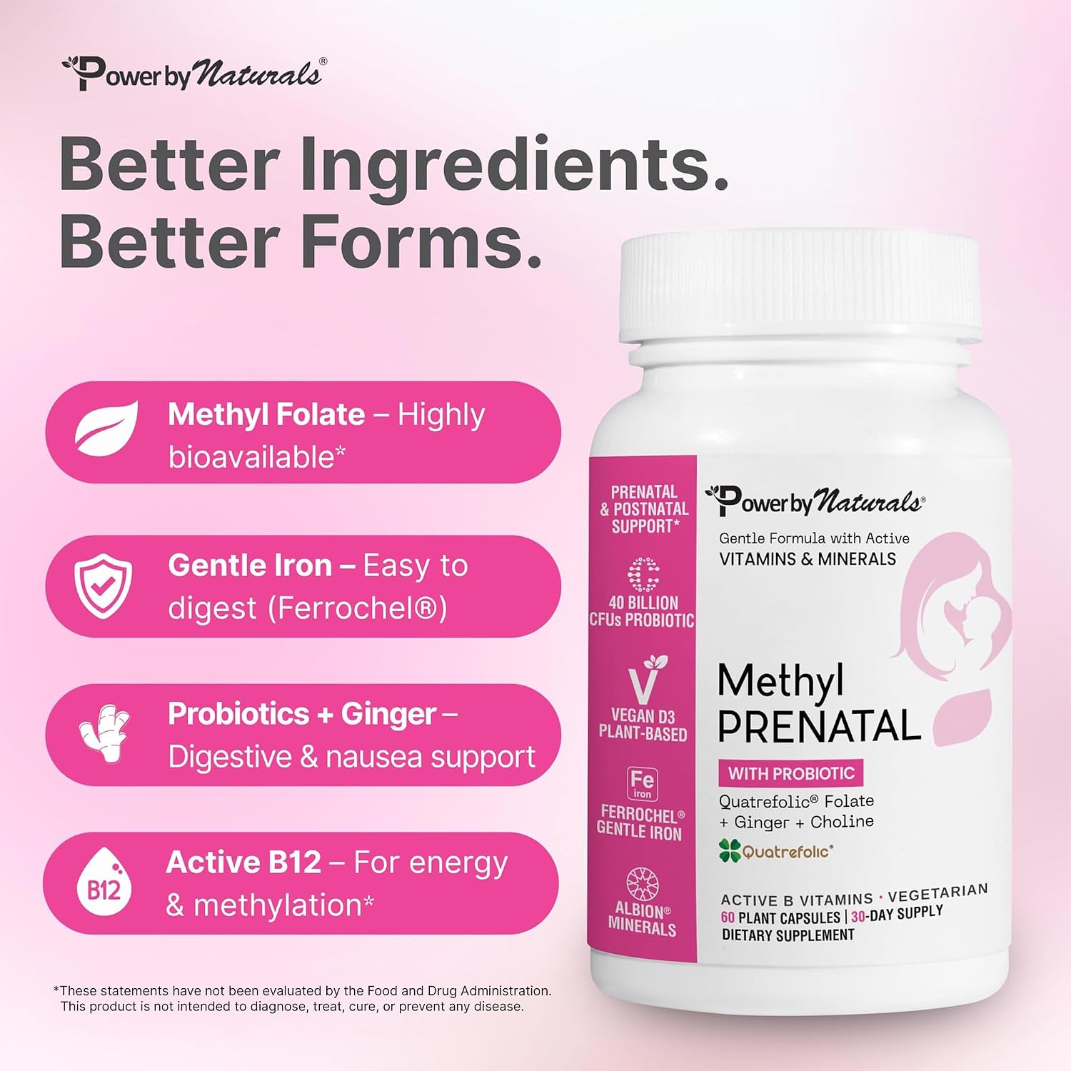 Power By Naturals Methyl Prenatal con Probióticos – Vitaminas prenatales con hierro, metilfolato, B12 y 28 nutrientes y botánicos – Vegano, sin gluten – 60 cápsulas (1 mes)