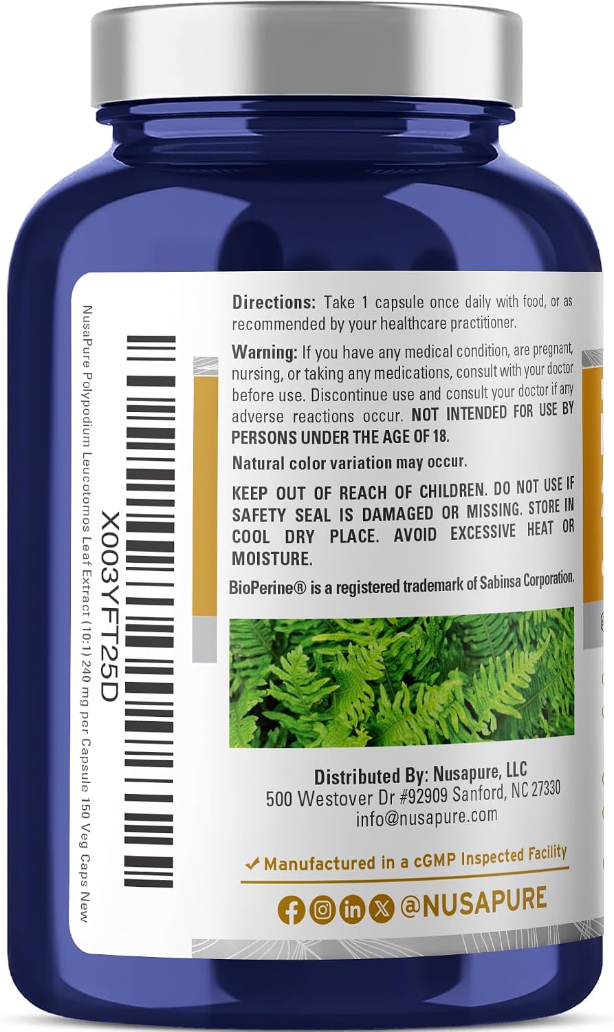 NusaPure Polypodium Nicotinamide 240 mg - 150 Cápsulas Veganas (Sin OGM, Sin Soja)
