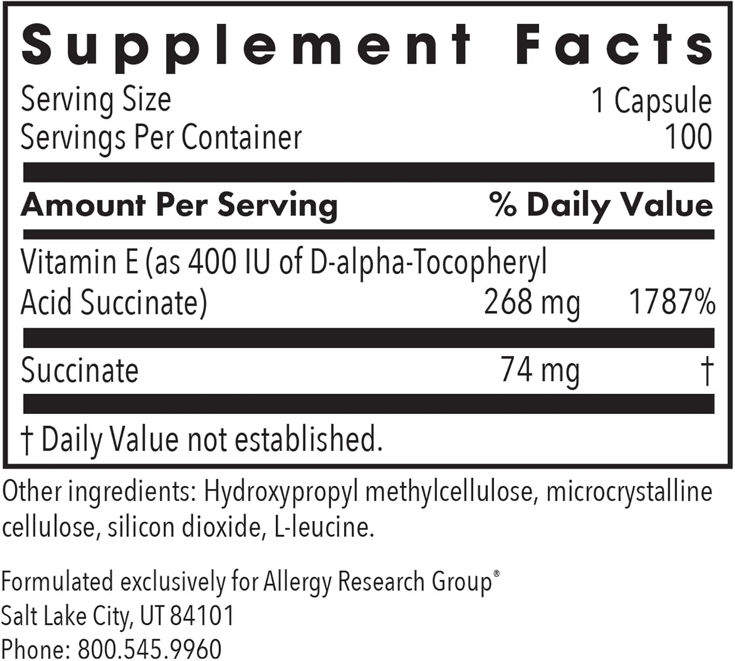 ARG Vitamina E Succinato - 400 IU - Cápsulas Vegetarianas