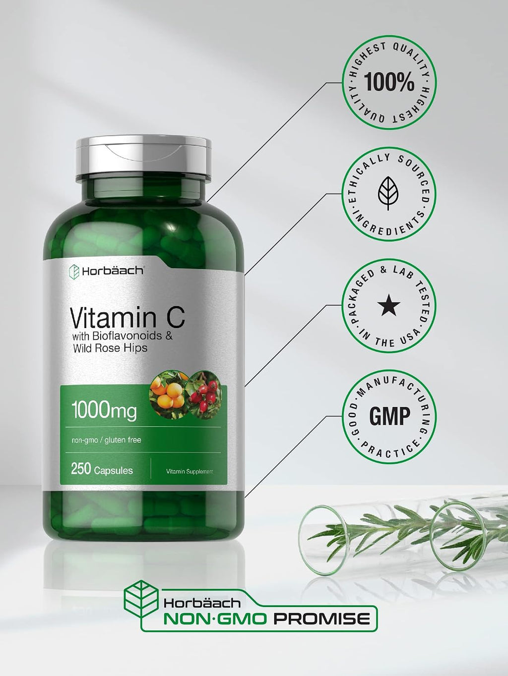 Horbäach Vitamina C 1000 mg con Bioflavonoides y Escaramujo - 250 Cápsulas