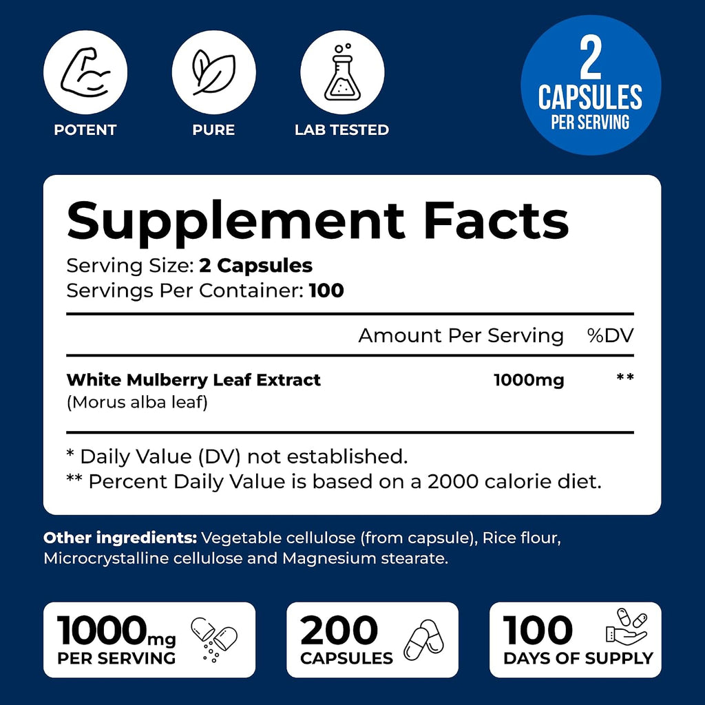 White Mulberry 1000mg 200 Cápsulas Veganas – Extracto de Hoja de Morera Blanca