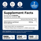 White Mulberry 1000mg 200 Cápsulas Veganas – Extracto de Hoja de Morera Blanca