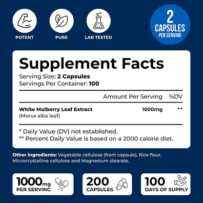White Mulberry 1000mg 200 Cápsulas Veganas – Extracto de Hoja de Morera Blanca – Image 2