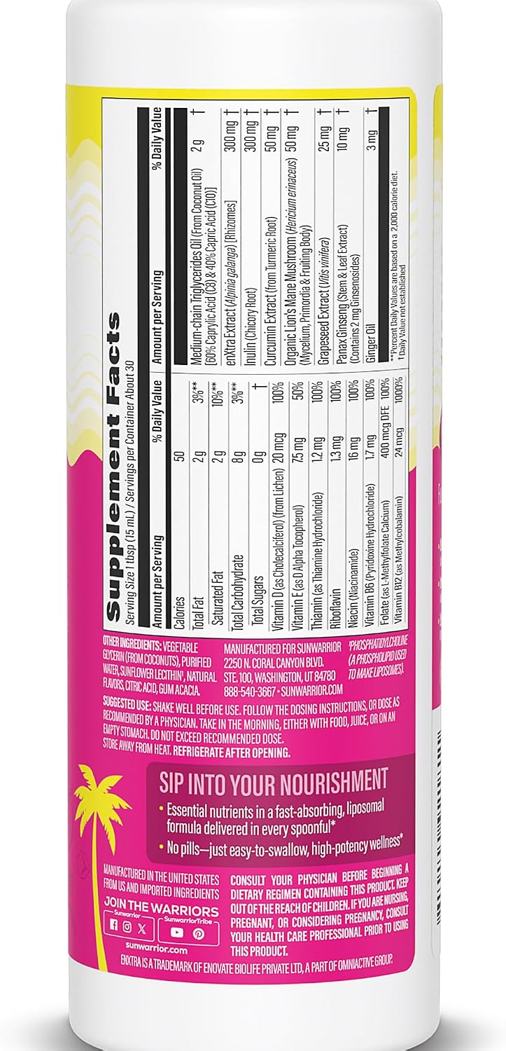 Sunwarrior Liquid Multivitamins for Women – Multivitamínico Líquido para Mujeres con Vitaminas B, D3, Lion's Mane y Ginseng, Sabor Melocotón Mango (30 Dosis)