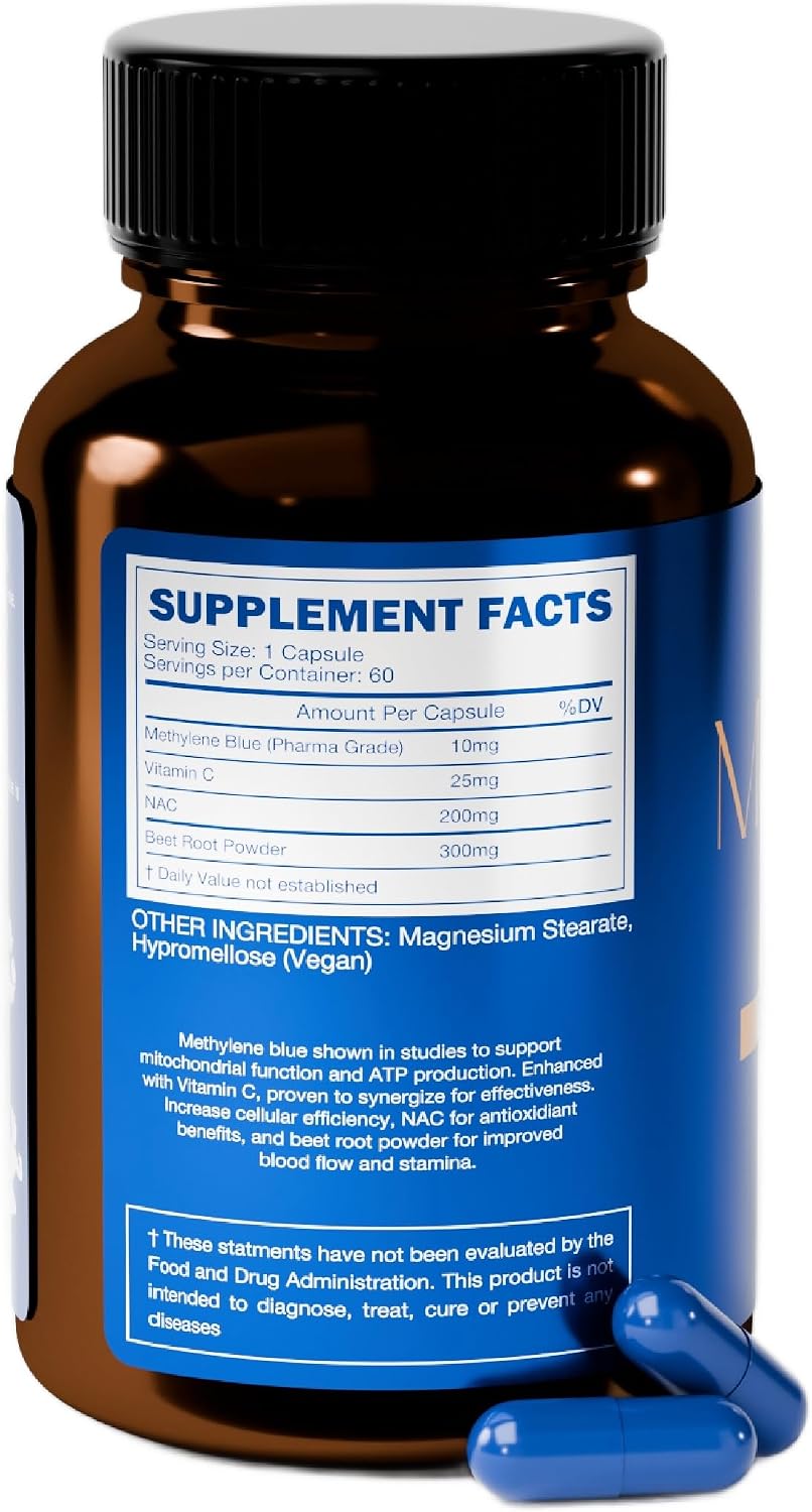 I Am Joy co. Cápsulas de Azul de Metileno (Grado Farmacéutico USP) con NAC, Vitamina C y Remolacha - 60 Cápsulas