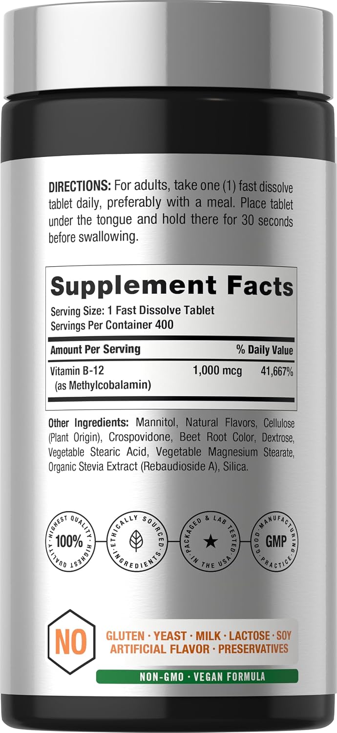 Horbaach Vitamina B12 1000 mcg Sublingual - 400 Comprimidos de Rápida Disolución - Metilcobalamina, Sabor a Bayas, Vegano, Sin Gluten