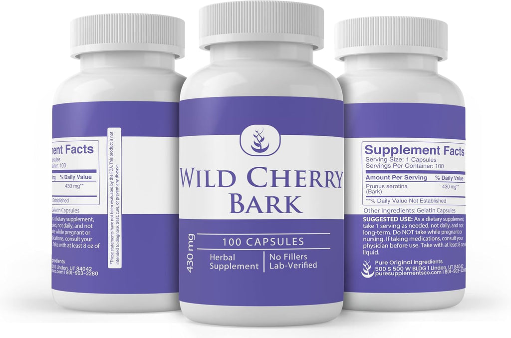 PURE ORIGINAL INGREDIENTS Corteza de Cerezo Silvestre (100 Cápsulas), Siempre Puro, Sin Aditivos ni Rellenos, Verificado en Laboratorio