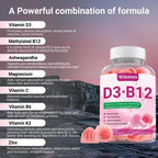 Wiszeen Vitamina D3 B12 Gominolas, 10000 IU D3 + 500mcg Metil-B12, con Ashwagandha, Magnesio, Vitamina K2