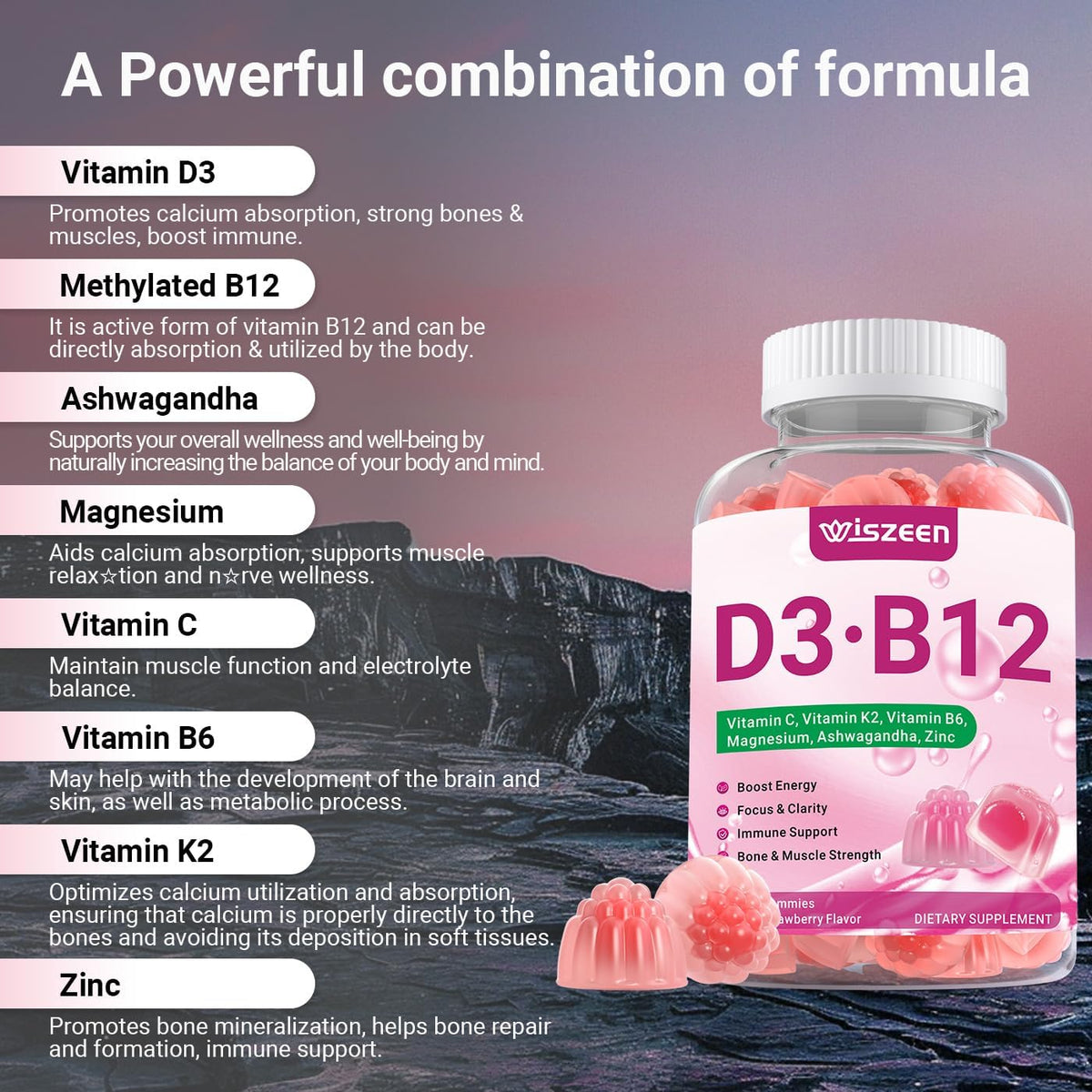 Wiszeen Vitamina D3 B12 Gominolas, 10000 IU D3 + 500mcg Metil-B12, con Ashwagandha, Magnesio, Vitamina K2 – Image 3