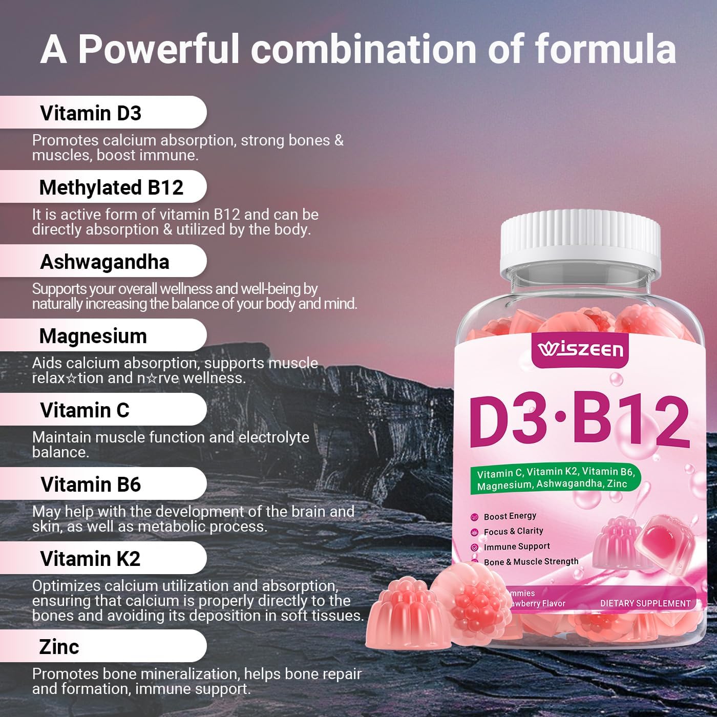 Wiszeen Vitamina D3 B12 Gominolas, 10000 IU D3 + 500mcg Metil-B12, con Ashwagandha, Magnesio, Vitamina K2