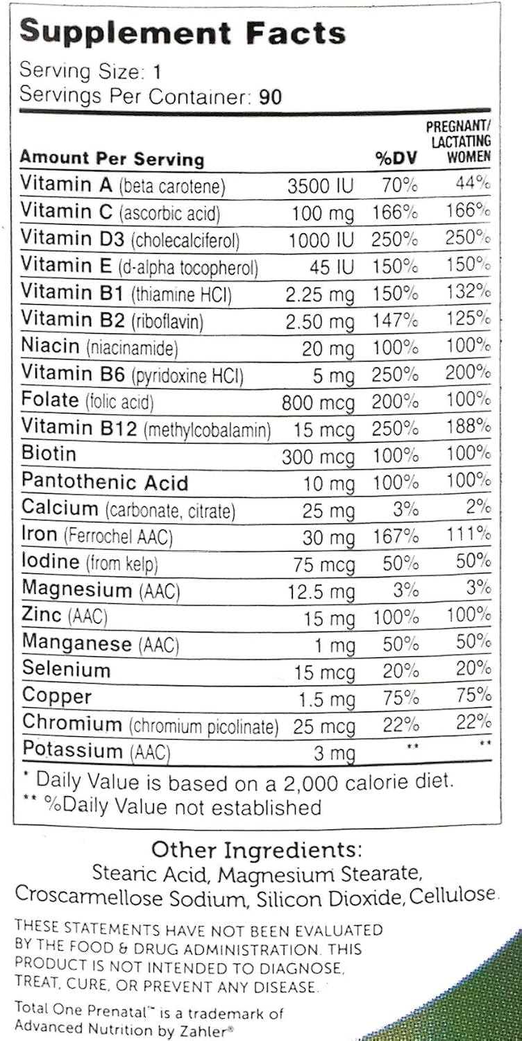 Zahler Total One Prenatal - Multivitamin Complex for Pregnancy, 90 Capsules