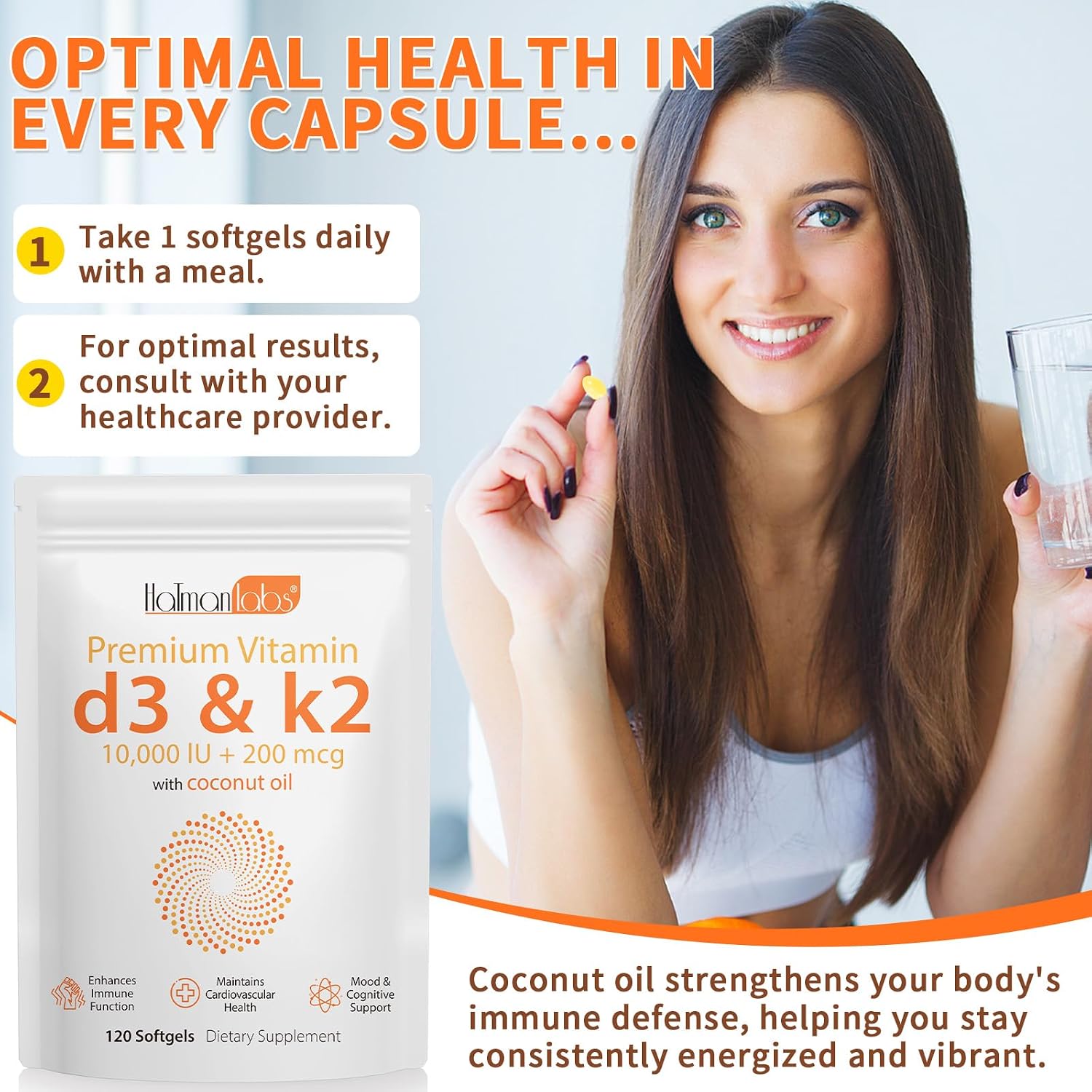 newseel Vitamina D3 y K2 con Aceite de Coco - 120 Cápsulas Blandas