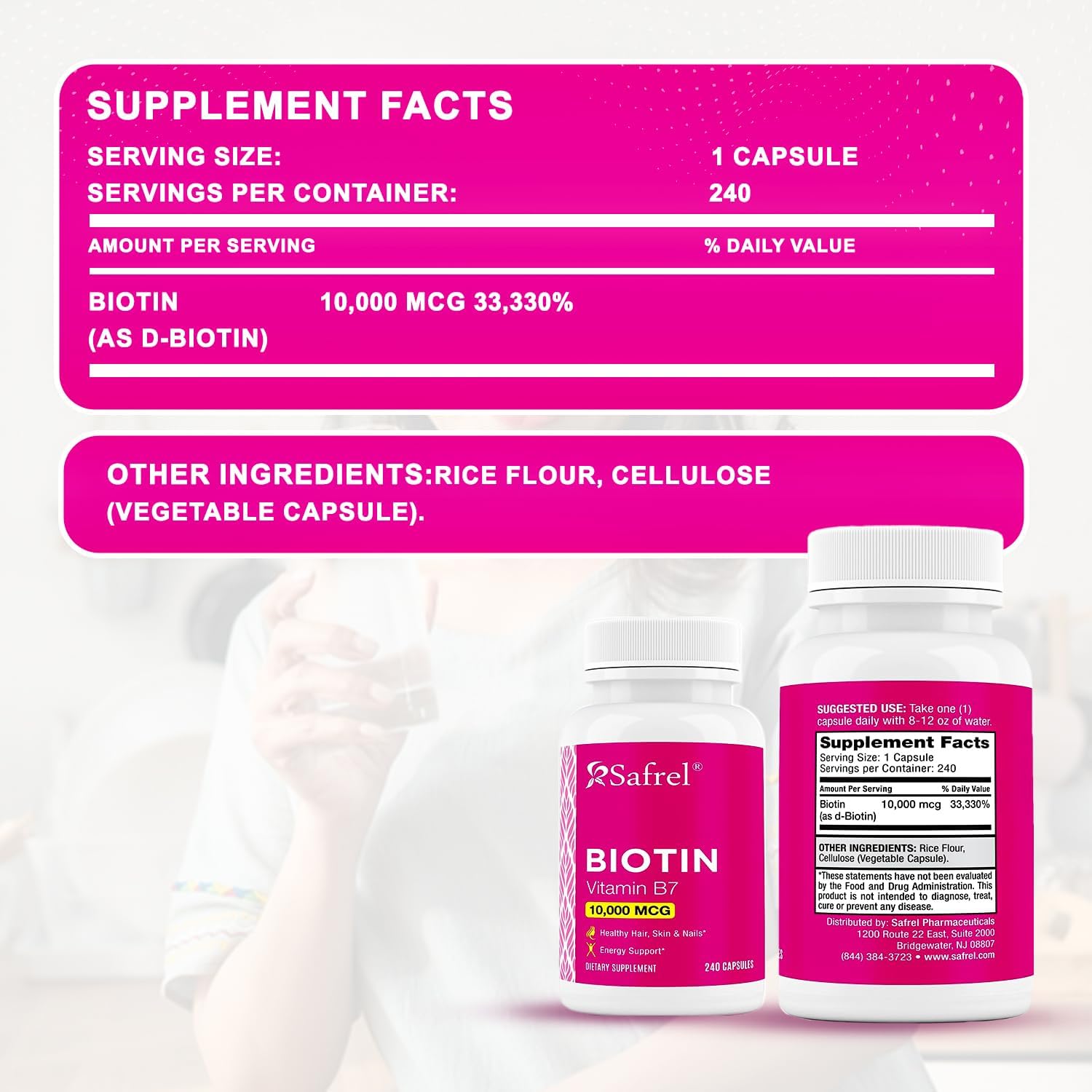 Safrel Biotina (Vitamina B7) 10.000 mcg – 240 Cápsulas Veganas, Sin Gluten