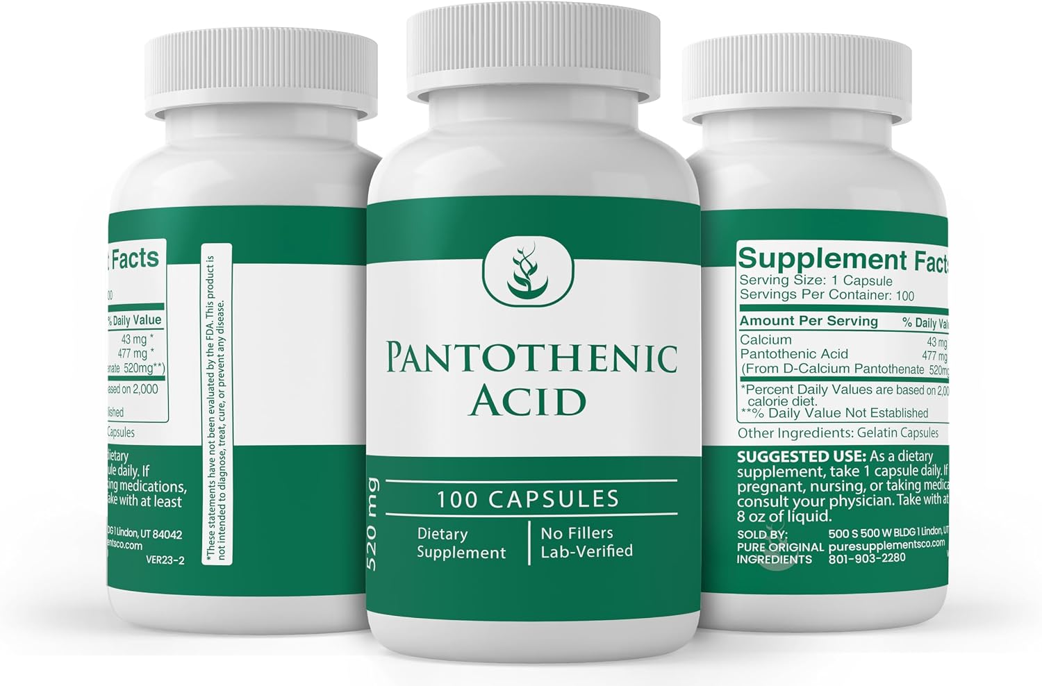 PURE ORIGINAL INGREDIENTS Ácido Pantoténico (100 Cápsulas) - Vitamina B5 Pura