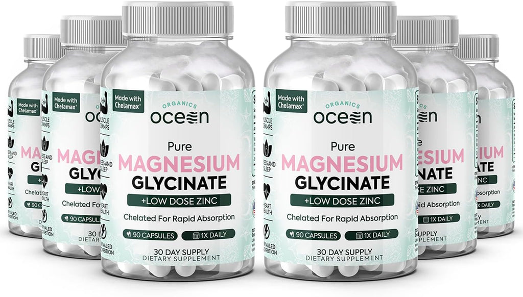Organics Ocean Magnesio Glicinato Puro con Zinc - Suplemento de Magnesio Quelado de Máxima Potencia para Mujeres y Hombres, Ayuda contra Calambres Musculares y Favorece el Sueño - 6 Frascos