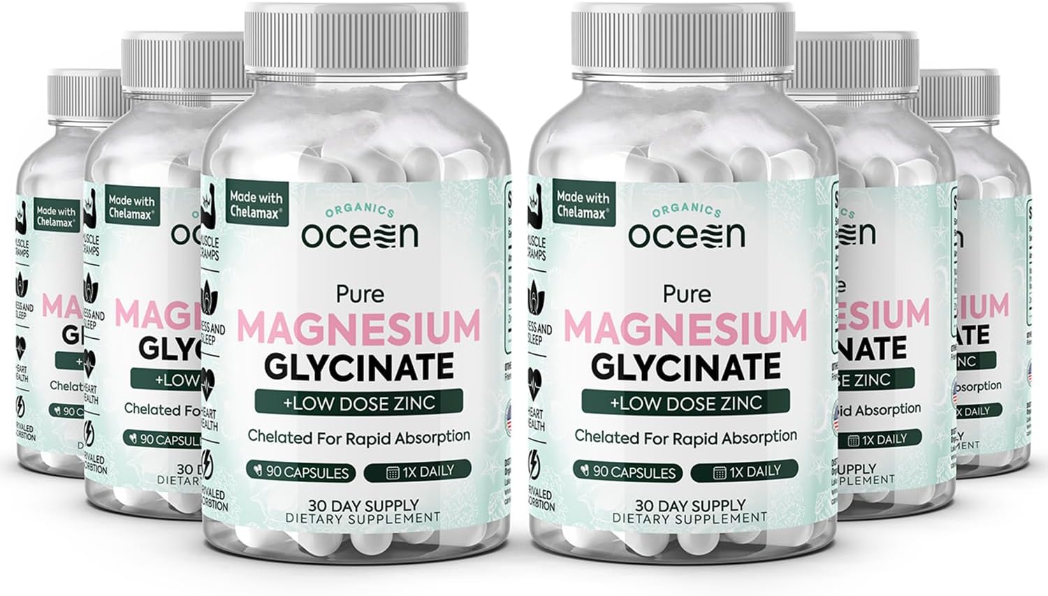 Organics Ocean Magnesio Glicinato Puro con Zinc - Suplemento de Magnesio Quelado de Máxima Potencia para Mujeres y Hombres, Ayuda contra Calambres Musculares y Favorece el Sueño - 6 Frascos