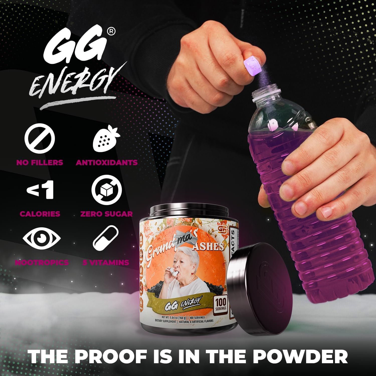 Gamer Supps GG Energy - Grandma's Ashes (100 Servicios) - Mezcla de energía y nootrópicos para gaming, baja en calorías, sin azúcar, con cafeína y vitaminas