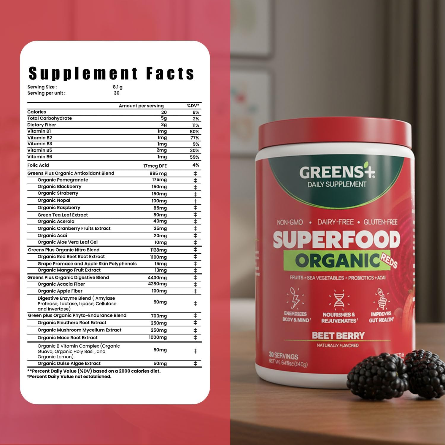 Greens+ Organic Reds Superfood Powder - Mezcla de Superalimentos Rojos Ecológicos, Antioxidantes, Vegano, Sin Gluten (240g)