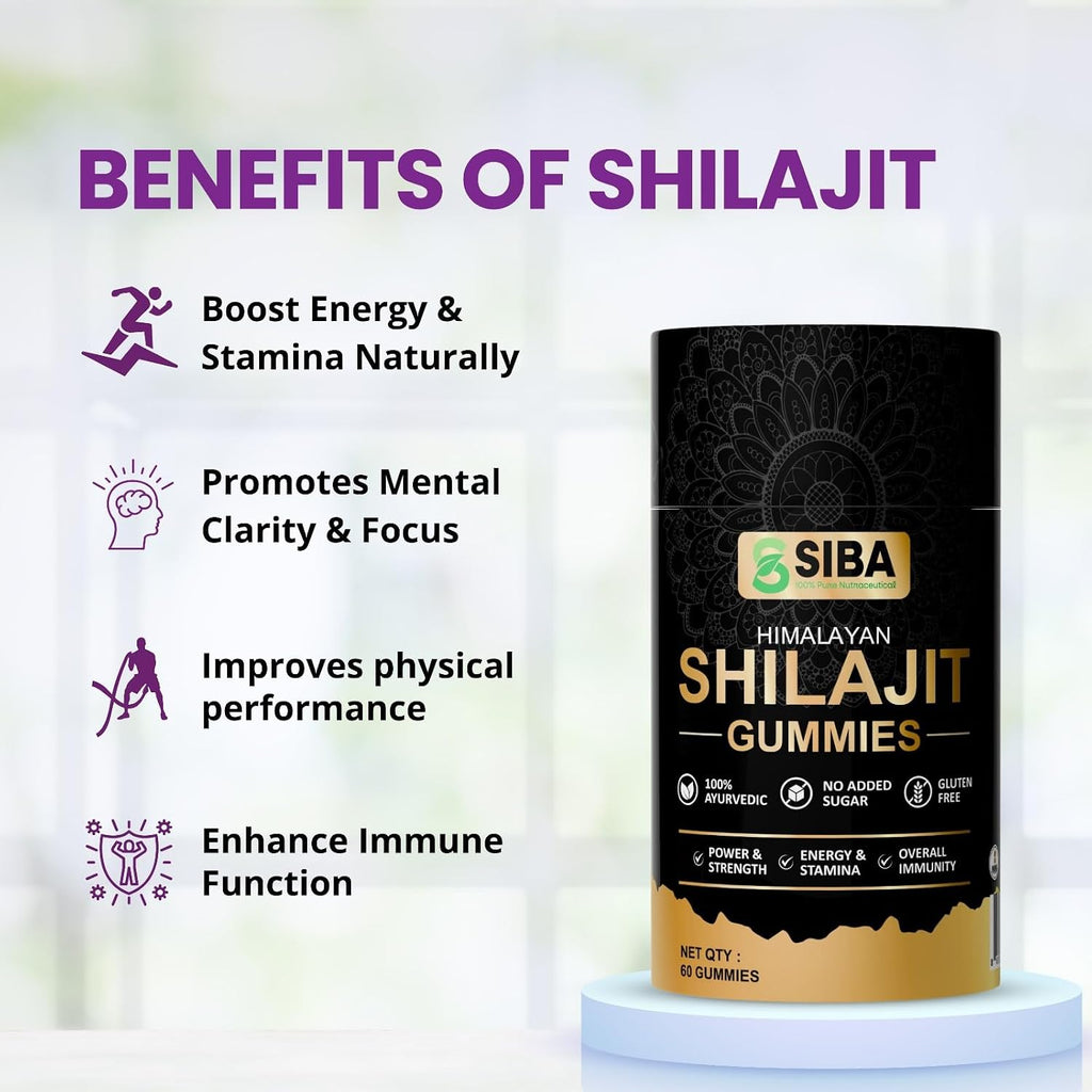 SIBA Ultra Pure Shilajit Gummies – Gominolas de Shilajit del Himalaya con Ácido Fúlvico (60 unidades)