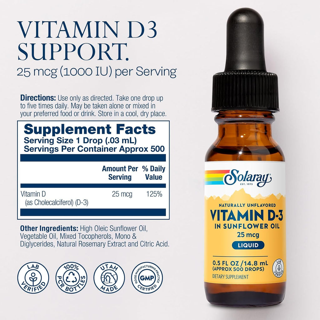 Solaray Liquid Vitamin D3 – 25 mcg (1000 IU) per Drop – 15 ml (0.5 oz)