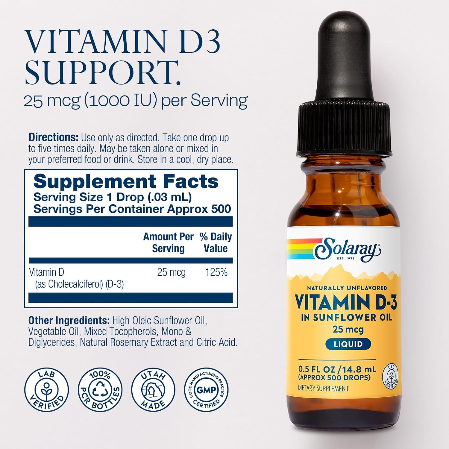 Solaray Liquid Vitamin D3 – 25 mcg (1000 IU) per Drop – 15 ml (0.5 oz)