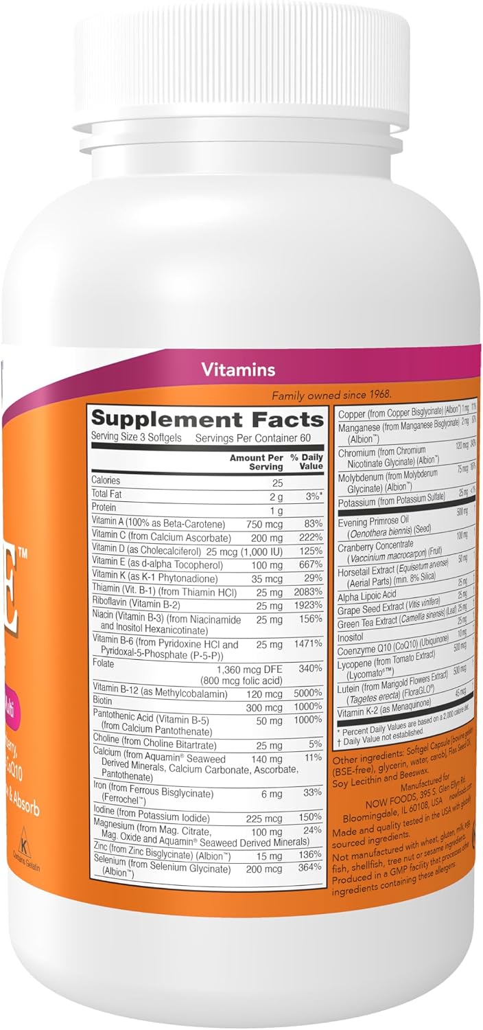NOW Foods Eve™ Multivitamínico para Mujeres con Onagra, Arándano, Té Verde, Cola de Caballo y CoQ10, 180 Cápsulas Blandas