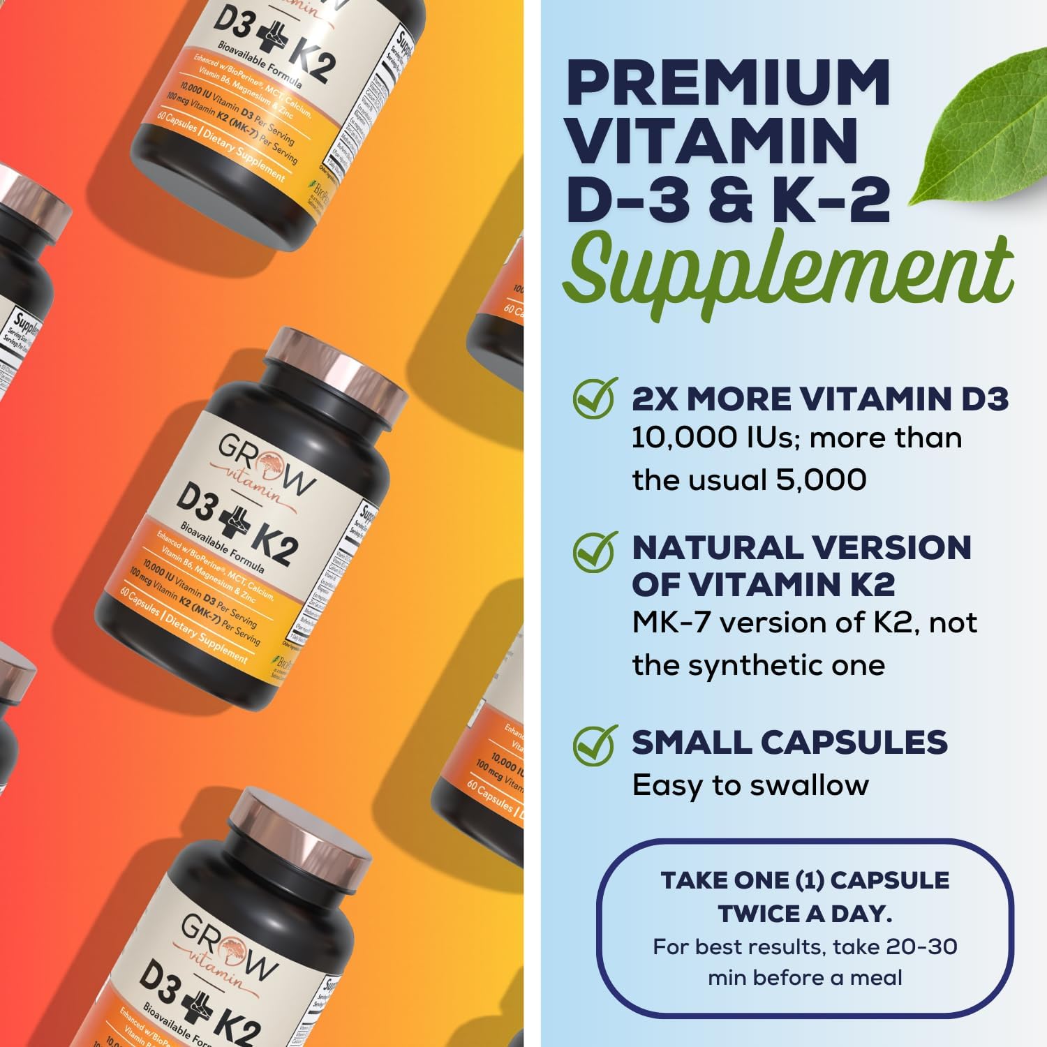 grow vitamin D3 K2 con MCT Oil - 10.000 UI D3, 100 mcg K2 MK-7, Calcio, Zinc, BioPerine, Magnesio - 60 Cápsulas