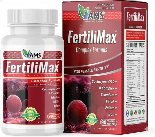America Medic & Science FertiliMax - Suplemento de Fertilidad para Mujeres con Folato, CoQ10, DHEA, 90 Cápsulas