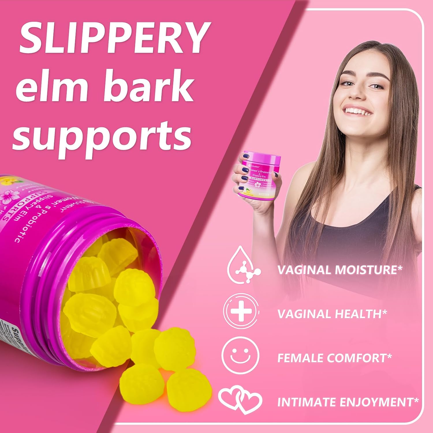 Her Juicy Feminine Probiotics Gummies, Salud Femenina - Apoya el Equilibrio del pH, con Olmo Resbaladizo, Prebióticos y Mezcla de Lactobacillus, Sabor a Piña - 60 Gominolas