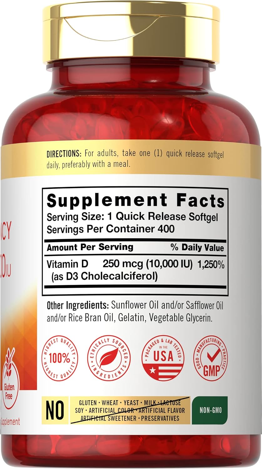 Carlyle Vitamina D3 10.000 UI 400 Cápsulas Blandas - Alta Potencia - Sin Gluten, Non-GMO