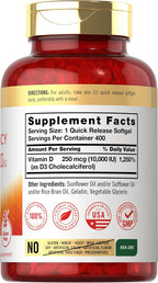Carlyle Vitamina D3 10.000 UI 400 Cápsulas Blandas - Alta Potencia - Sin Gluten, Non-GMO