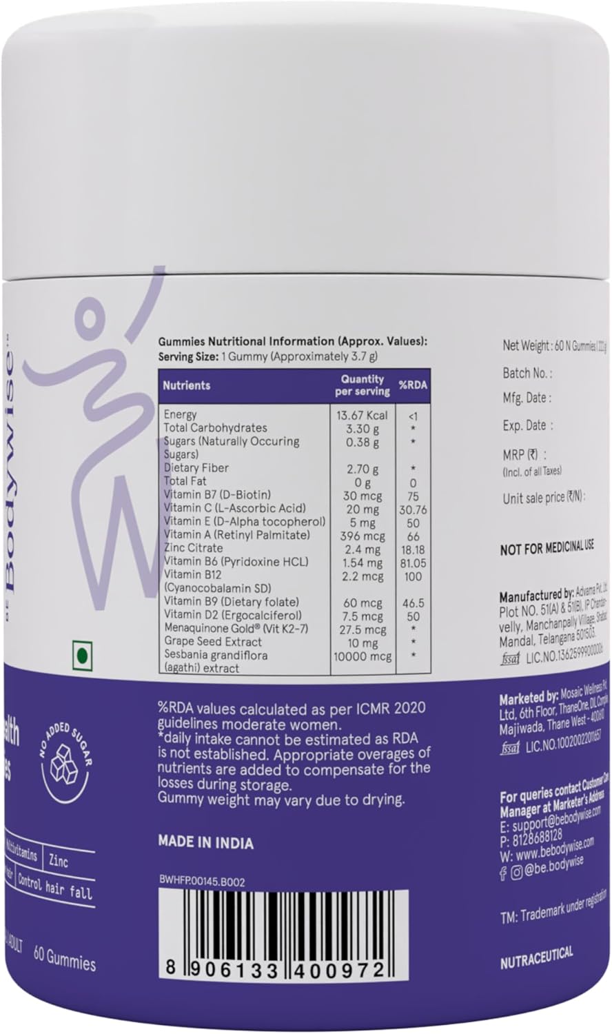 Be Bodywise Gomitas de Biotina para el Crecimiento del Cabello - Sin Azúcar - Vitaminas para Cabello, Piel y Uñas con Hierro - 60 Días