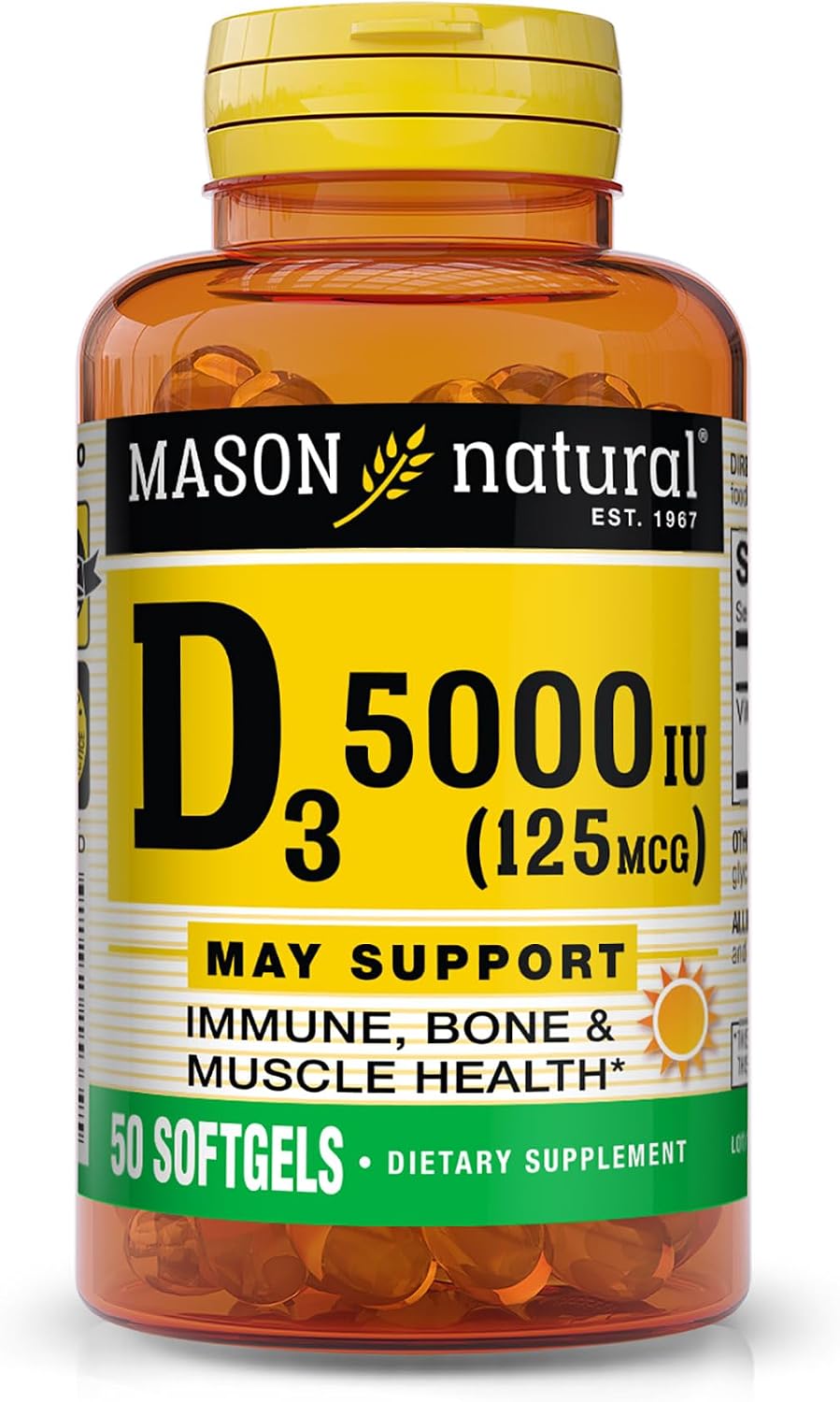 MASON NATURAL Vitamina D3 5000 UI (125 mcg) - 50 Cápsulas Blandas