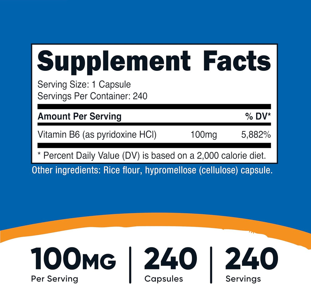 Nutricost Vitamin B6 (Pyridoxine HCl) 100 mg, 240 Capsules