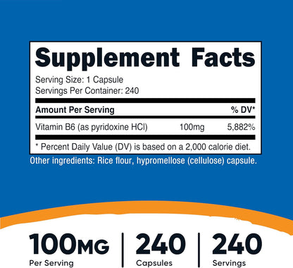 Nutricost Vitamina B6 (Piridoxina HCl) 100 mg, 240 Cápsulas – Image 2