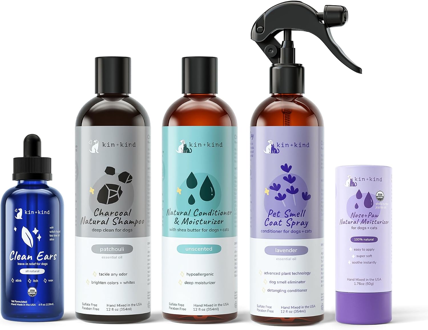kin+kind Kit de Aseo para Perros y Gatos – Spray, Bálsamo para Patas y Nariz, Champú y Acondicionador – Cuidado Natural para Limpiar, Calmar y Nutrir el Pelaje, las Patas y los Oídos de tu Mascota