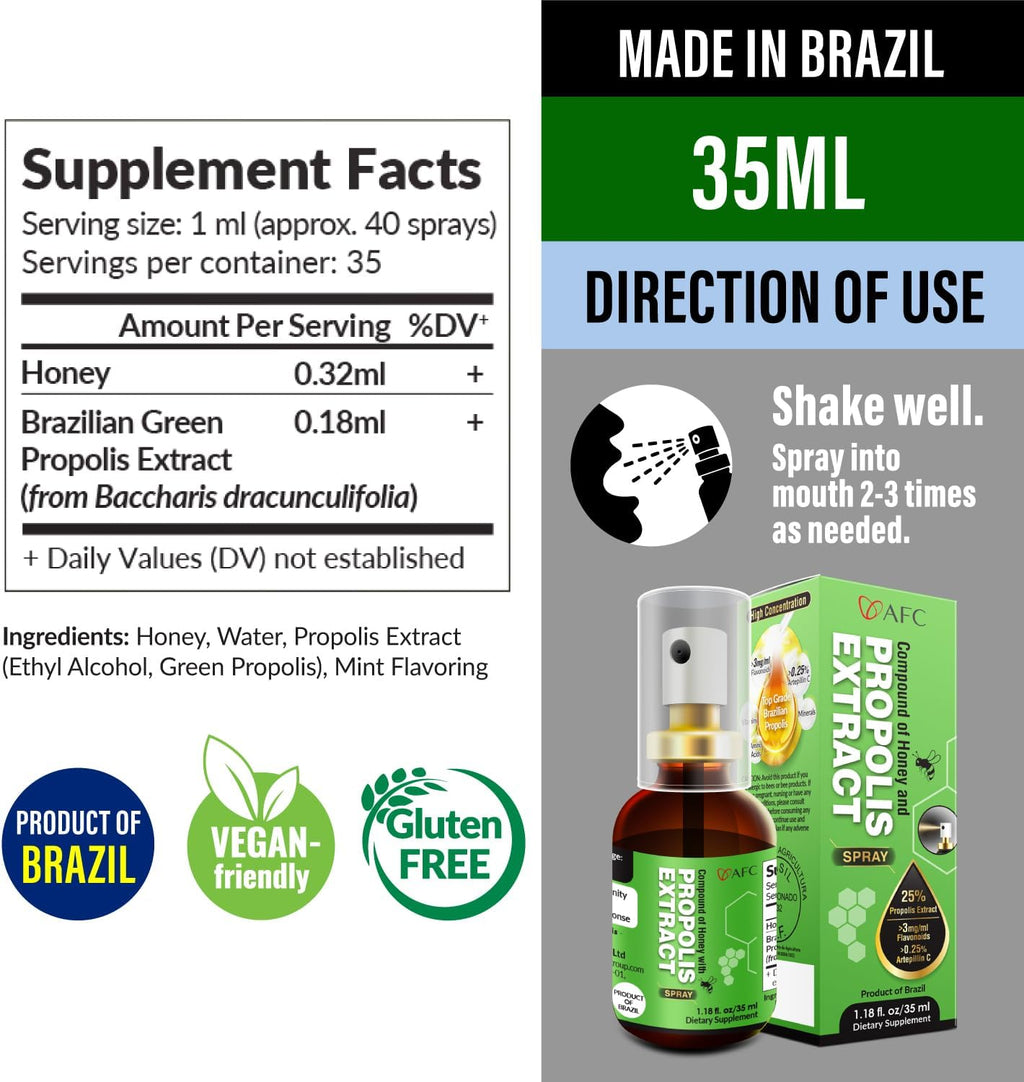 AFC Japan Brazilian Green Propolis Extract Throat Spray with Honey - 1.0 oz (30 ml) - 300+ Sprays
