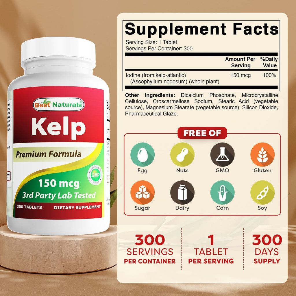 Best Naturals Kelp Supplement 150 mcg, 300 Tablets