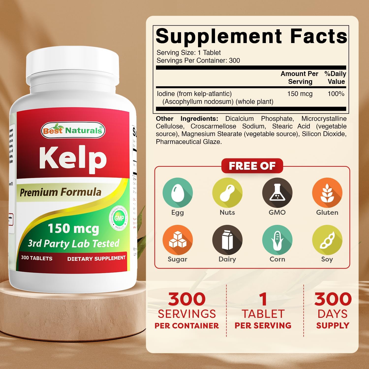 Best Naturals Kelp Supplement 150 mcg, 300 Tablets