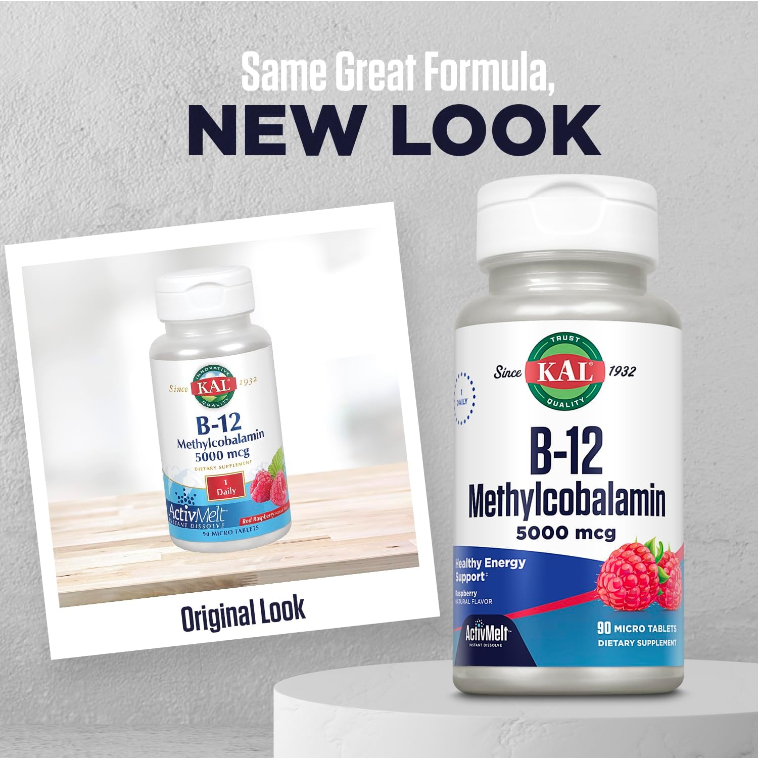KAL Vitamina B12 Metilcobalamina 5000 mcg, Comprimidos sublinguales ActivMelts, Sabor natural a frambuesa, 90 unidades